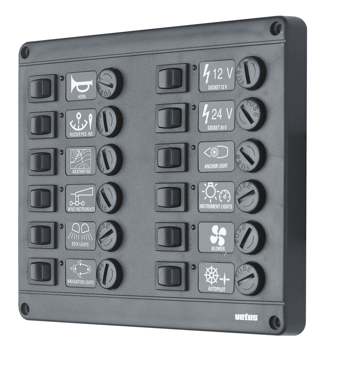 Panel con interruptores tipo P12 con 12 fusibles, 12 V